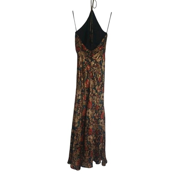 NWT Nicole Miller Sz 4 Floor Length Silk  Maxi Halter Metallic Floral Dress - Picture 9 of 15